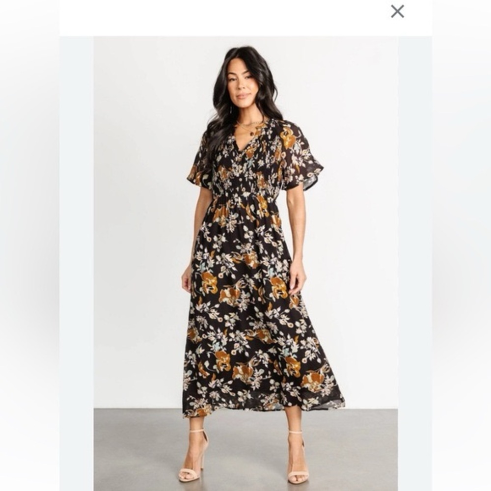 Roolee Black Floral Midi Dress with Puff Sleeves and Smocked Bodice